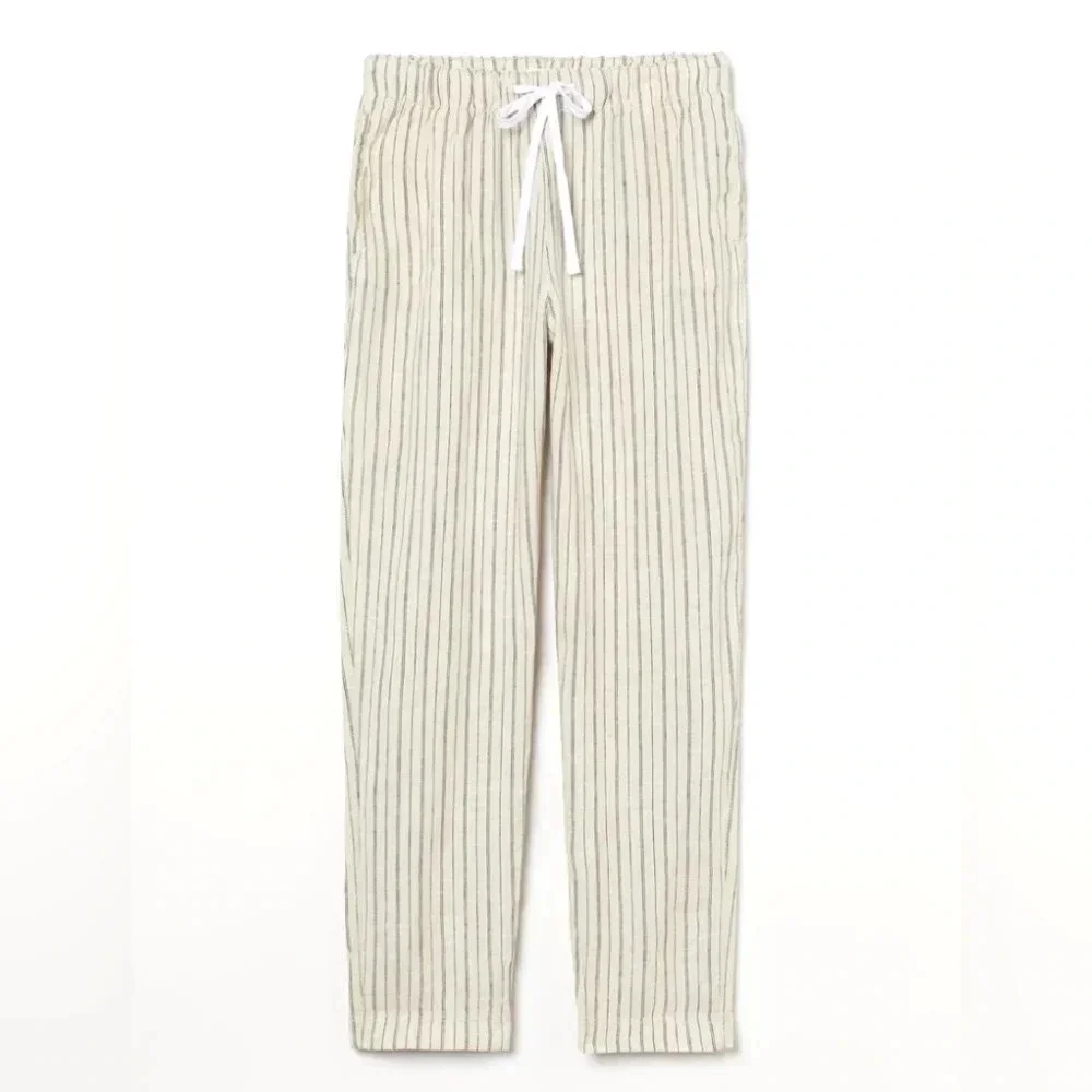 H&M Cream Black Stripes 100% Linen Coastal Lightweight Beachy Jogger Pants Sz XS